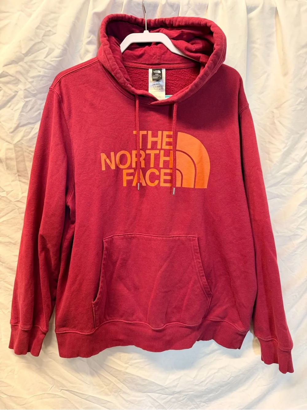 The North Face Men's Burgundy Hoodie with Orange Logo
